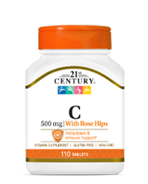 Vitamin C with Rose Hips 500 mg by 21st Century HealthCare, Inc., view from the front.