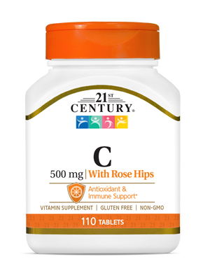 Vitamin C with Rose Hips 500 mg by 21st Century HealthCare, Inc., view from the front.