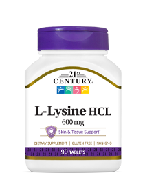 L-Lysine HCL 600 mg by 21st Century HealthCare, Inc., view from the front.