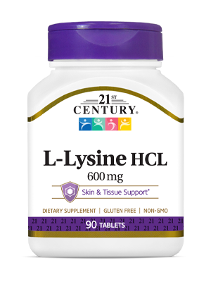 L-Lysine HCL 600 mg by 21st Century HealthCare, Inc., view from the front.