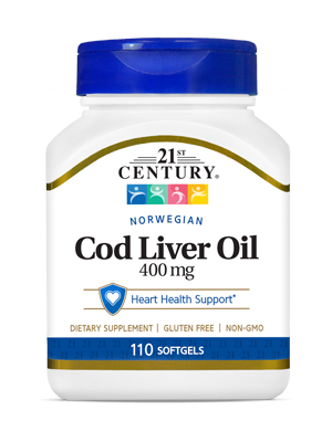 Norwegian Cod Liver Oil  400 mg by 21st Century HealthCare, Inc., view from the front.