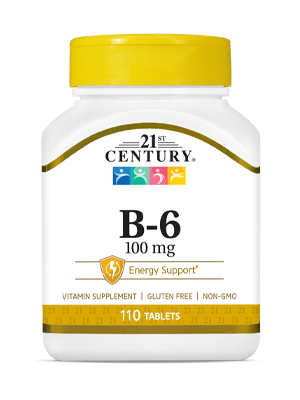 Vitamin B-6 100 mg by 21st Century HealthCare, Inc., view from the front.