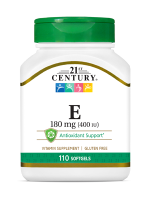 Vitamin E 180 mg by 21st Century HealthCare, Inc., view from the front.