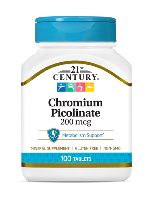 Chromium Picolinate 200 mcg by 21st Century HealthCare, Inc., view from the front.