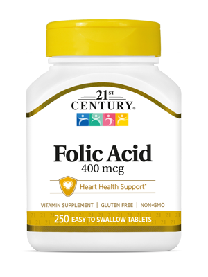 Folic Acid 400 mcg by 21st Century HealthCare, Inc., view from the front.