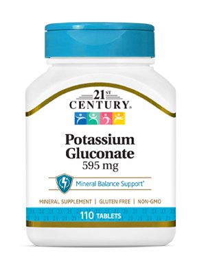 Potassium Gluconate 595 mg by 21st Century HealthCare, Inc., view from the front.