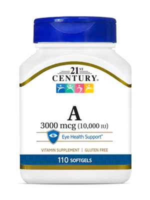 Vitamin A 3000 mcg by 21st Century HealthCare, Inc., view from the front.