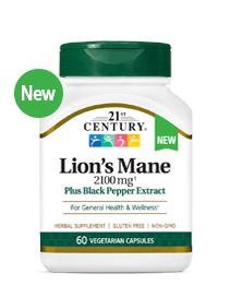 Lion's Mane 2100 mg Plus Black Pepper Extract by 21st Century HealthCare, Inc., view from the front.