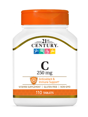 Vitamin C 250 mg by 21st Century HealthCare, Inc., view from the front.