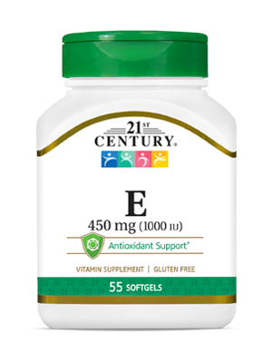 Vitamin E 450 mg by 21st Century HealthCare, Inc., view from the front.