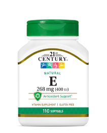 Natural Vitamin E 268 mg by 21st Century HealthCare, Inc., view from the front.