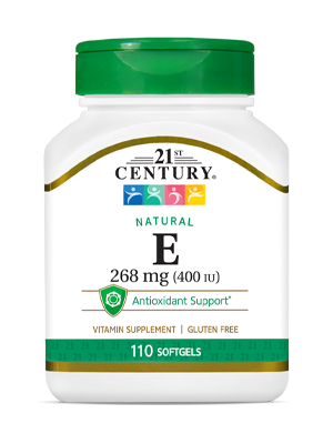 Natural Vitamin E 268 mg by 21st Century HealthCare, Inc., view from the front.