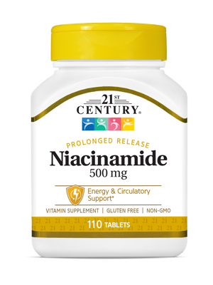 Niacinamide 500 mg by 21st Century HealthCare, Inc., view from the front.