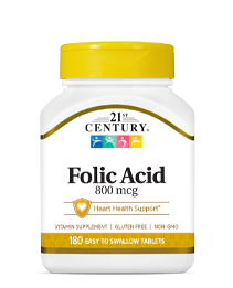 Folic Acid 800 mcg by 21st Century HealthCare, Inc., view from the front.