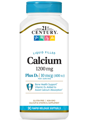 Calcium 1200 mg +D3 by 21st Century HealthCare, Inc., view from the front.