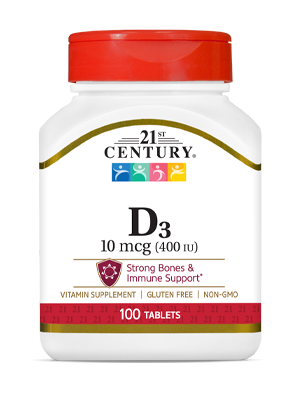 Vitamin D3 10 mcg by 21st Century HealthCare, Inc., view from the front.