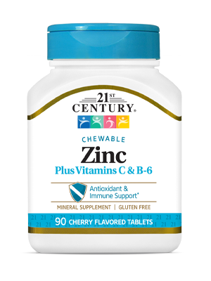 Zinc Chewable Plus Vitamins C & B-6 Cherry by 21st Century HealthCare, Inc., view from the front.