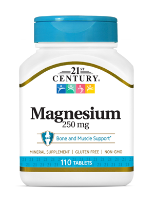 Magnesium 250 mg by 21st Century HealthCare, Inc., view from the front.