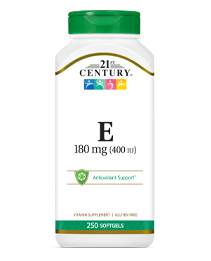 Vitamin E 180 mg by 21st Century HealthCare, Inc., view from the front.