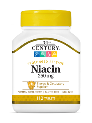 Niacin 250 mg by 21st Century HealthCare, Inc., view from the front.