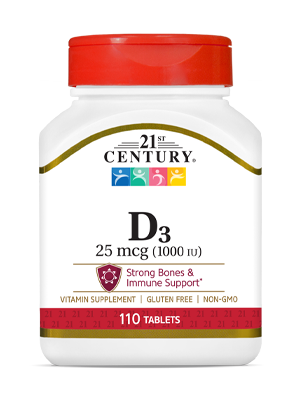 Vitamin D3 25 mcg by 21st Century HealthCare, Inc., view from the front.