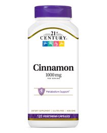 Cinnamon 1000 mg by 21st Century HealthCare, Inc., view from the front.