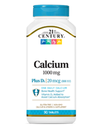Calcium 1000 mg +D3 by 21st Century HealthCare, Inc., view from the front.