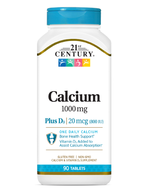 Calcium 1000 mg +D3 by 21st Century HealthCare, Inc., view from the front.
