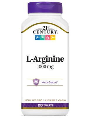 L-Arginine 1000 mg by 21st Century HealthCare, Inc., view from the front.