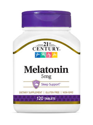 Melatonin 5 mg by 21st Century HealthCare, Inc., view from the front.