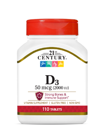 Vitamin D3 50 mcg by 21st Century HealthCare, Inc., view from the front.