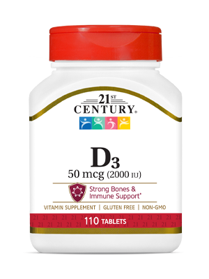 Vitamin D3 50 mcg by 21st Century HealthCare, Inc., view from the front.