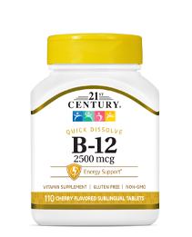 Vitamin B-12 2500 mcg by 21st Century HealthCare, Inc., view from the front.