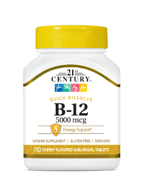 Vitamin B-12 5000 mcg by 21st Century HealthCare, Inc., view from the front.