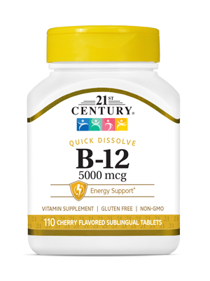 Vitamin B-12 5000 mcg by 21st Century HealthCare, Inc., view from the front.