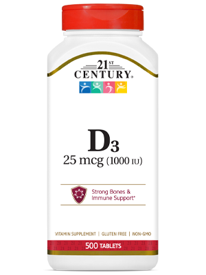 Vitamin D3 25 mcg by 21st Century HealthCare, Inc., view from the front.