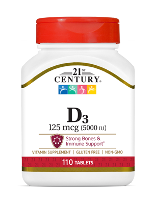 Vitamin D3 125 mcg by 21st Century HealthCare, Inc., view from the front.