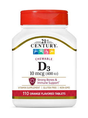 Vitamin D3 10 mcg Orange by 21st Century HealthCare, Inc., view from the front.