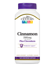 Cinnamon 2000 mg Plus Chromium by 21st Century HealthCare, Inc., view from the front.
