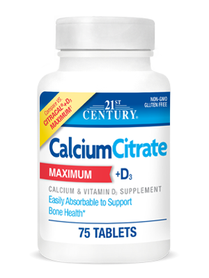 Calcium Citrate+D3 Maximum by 21st Century HealthCare, Inc., view from the front.