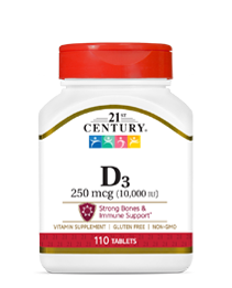 Vitamin D3 250 mcg by 21st Century HealthCare, Inc., view from the front.