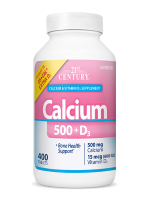 Calcium 500+D3 by 21st Century HealthCare, Inc., view from the front.