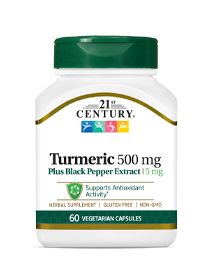 Turmeric 500 mg Plus Black Pepper Extract by 21st Century HealthCare, Inc., view from the front.