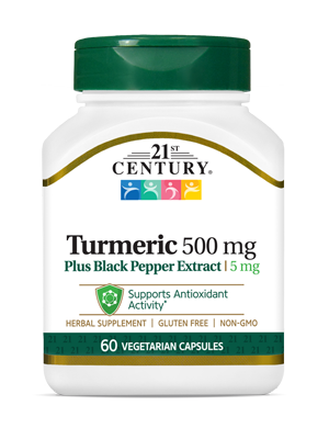 Turmeric 500 mg Plus Black Pepper Extract by 21st Century HealthCare, Inc., view from the front.