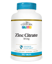 Zinc Citrate 50 mg by 21st Century HealthCare, Inc., view from the front.