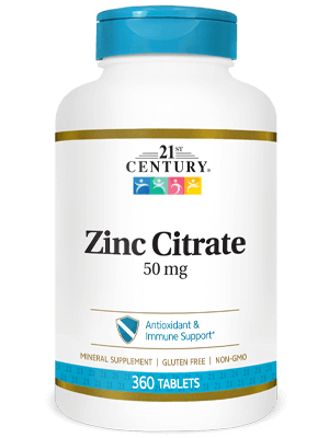 Zinc Citrate 50 mg by 21st Century HealthCare, Inc., view from the front.