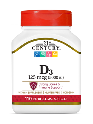 Vitamin D3 125 mcg by 21st Century HealthCare, Inc., view from the front.