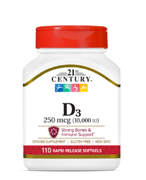 Vitamin D3 250 mcg by 21st Century HealthCare, Inc., view from the front.
