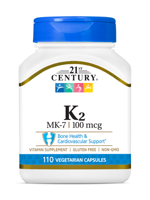 Vitamin K2 100 mcg by 21st Century HealthCare, Inc., view from the front.