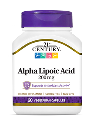 Alpha Lipoic Acid 200 mg by 21st Century HealthCare, Inc., view from the front.